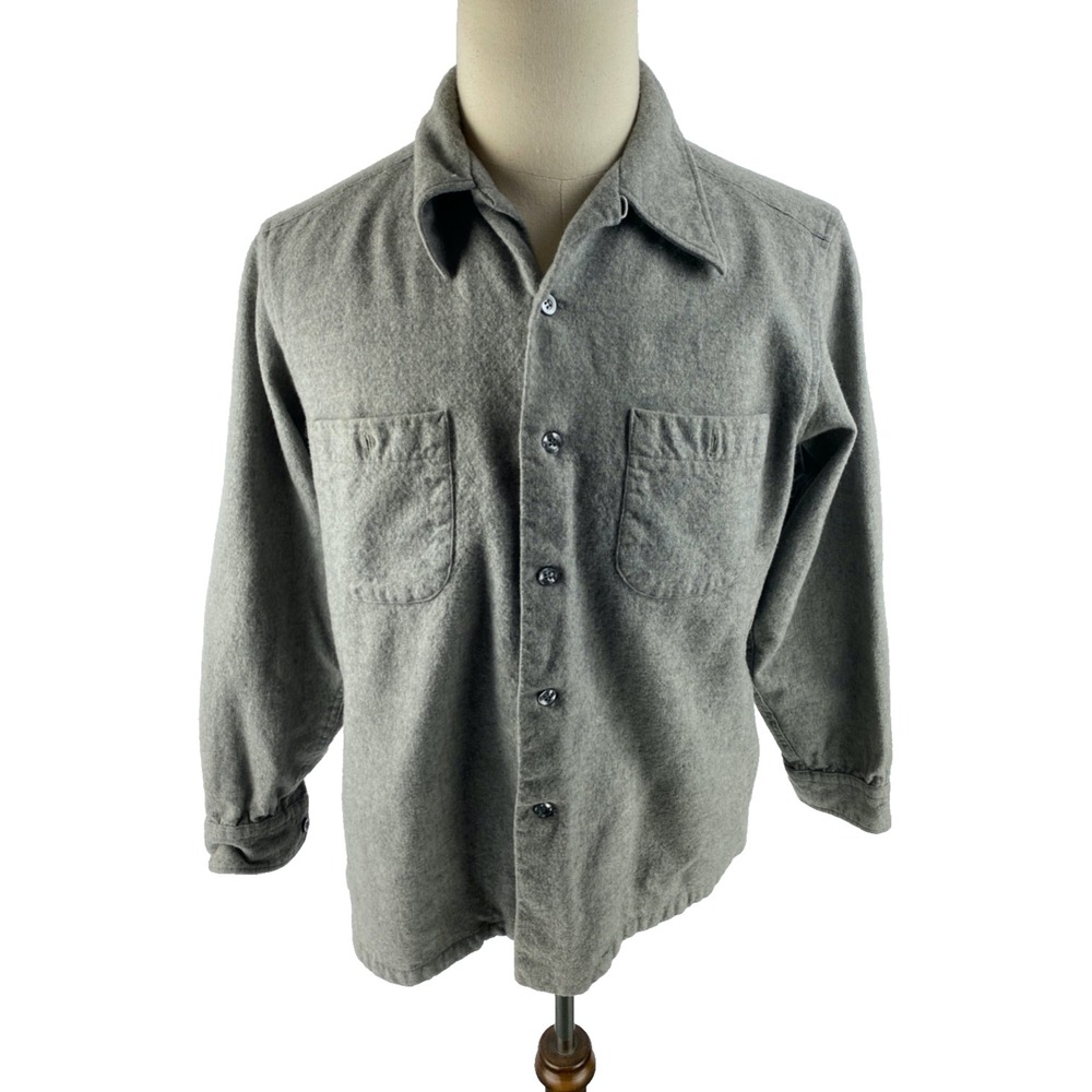 Pendleton 60s 70s Virgin Wool Flannel Shirt XL (Fits Petite L) Gray Loop Collar